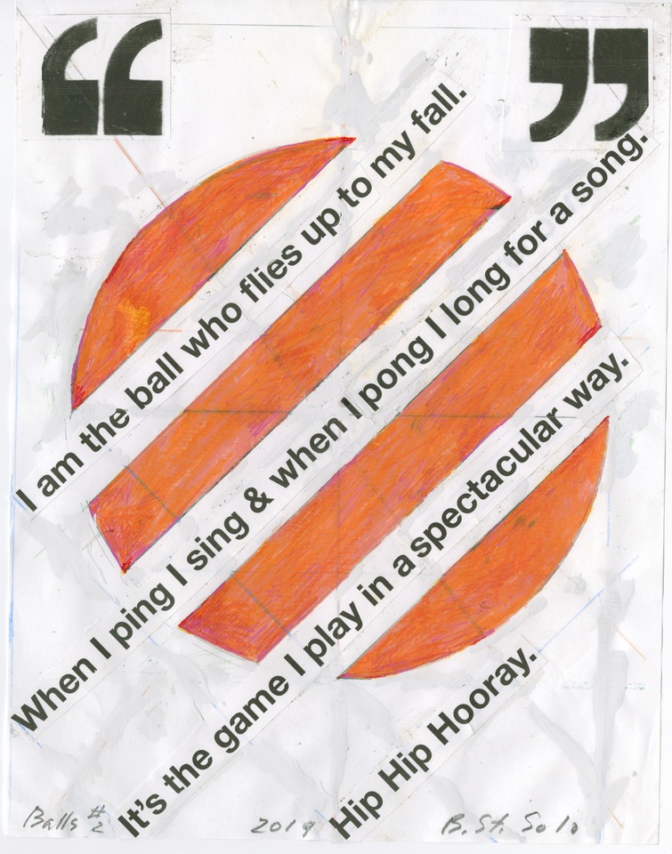 Balls #2, 2019\
Mixed media: Pigment print collage, gouache, ink, graphite, colored pencil, white-out, cellophane tape, rubber cement, paper\
27.9 x 21.6 cm