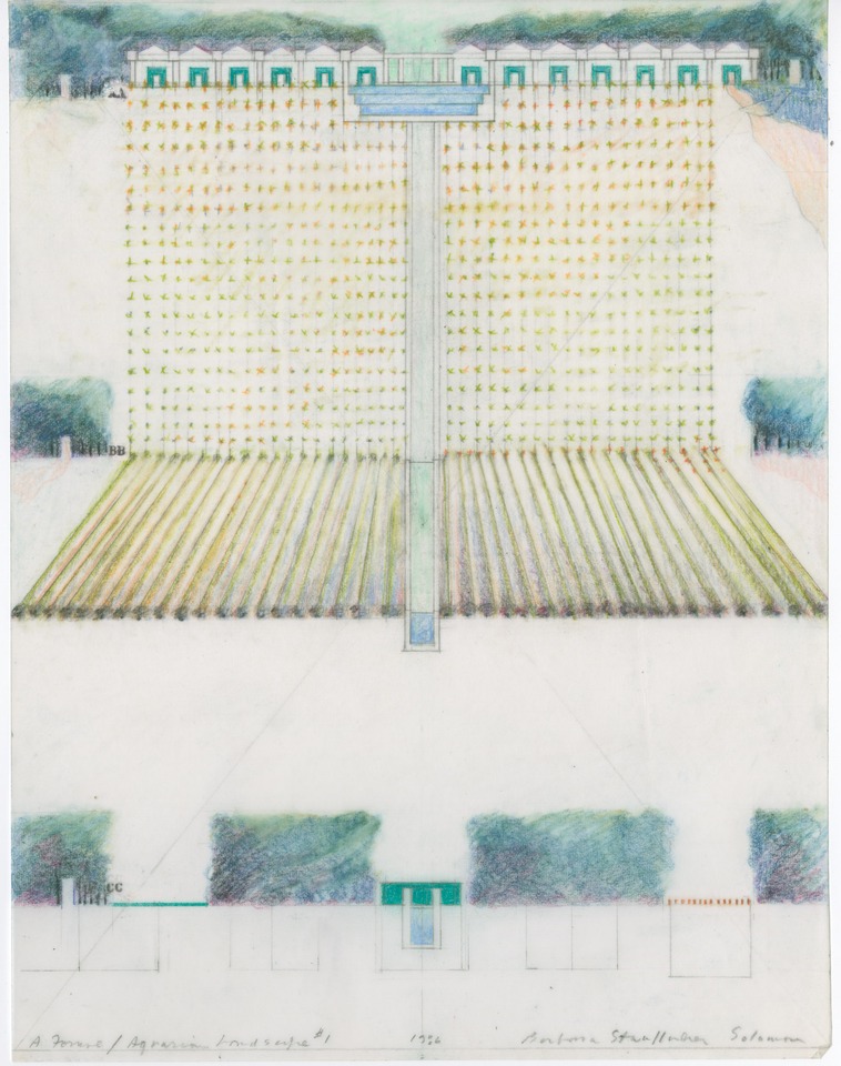 A formal/ agrarian landscape #1, 1986\
Graphite, colored pencil, vellum\
27.9 x 21.6 cm