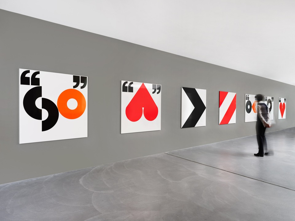 Supersign, 2021\
“SO”, “ASS”, “CHEVRON”, “STRIPES”, “OK”, “?”, “HEART”\
Porcelain enamel on steel\
140 × 140 cm\
each Ed. 3/7 + 2 AP