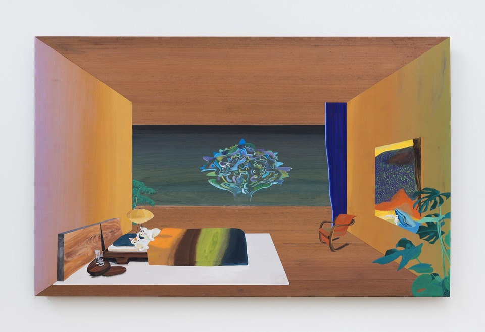 *The girls&#8217; room*, 2022
Acrylic gouache and watercolor ink on cedar plywood
76 x 122 cm