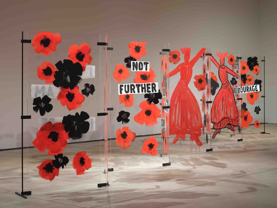 *Flee Fly Escape *at Arken Museum for Contemporary Art, DK, 2024
Acrylic and oil on acrylic sheets
9 Sheets, each 200 x 100 cm\
Photo: Anders Sune Berg