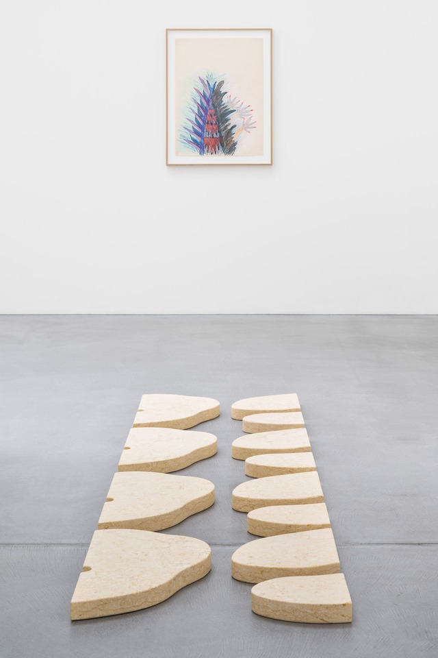Installation view with

Marianne Eigenheer (wall), *Untitled* and

Landon Metz (floor), *Untitled*, 2018