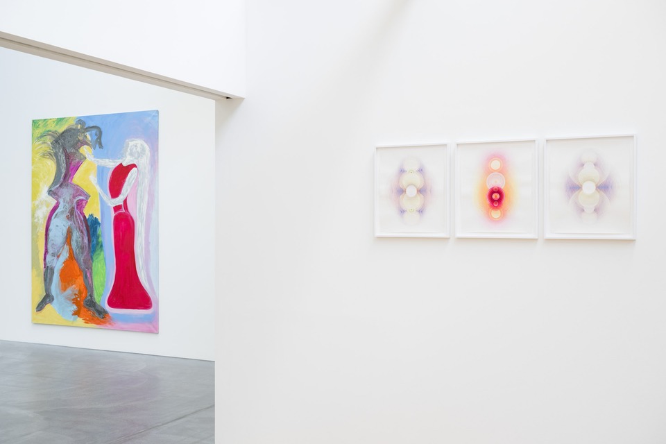 Exhibition view with Ursula Reuter Christiansen (left), *Feministic Attack*, 2001

and Tanya Goel, *Joba Flowers &#8211; Violet and Orange, *2023