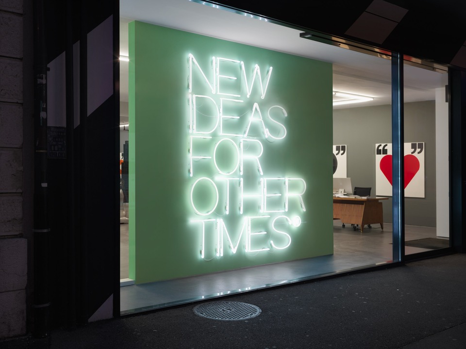 Outside the gallery, Maurizio Nannucci’s “New Ideas for Other Times” draws the visitors inside
