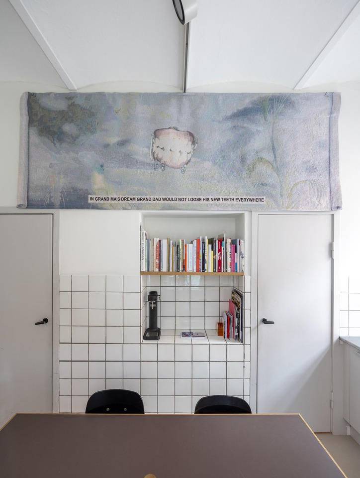 Installation view with
**Laure Prouvost**
*In Grand Ma’s Dream Grand Dad Would Not Loose His New Teeth Everywhere*, 2018
Tapestry
100 x 290 x 1 cm
ed. 3 of 3 + 1 AP