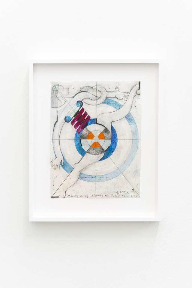 Barbara Stauffacher Solomon
“Knotty Lady Catching the Bull's-Eye,” 2007
Colored pencil, graphite, paper, vellum, 28 x 21.6 cm