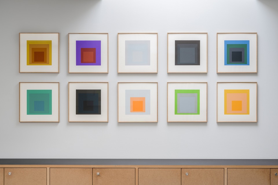 Installation view “Exploring the Archive on Interacting Colors,” 2025 with Josef Albers “Hommage to the Square Soft - Edge - Hard - Edge” from 1965.
