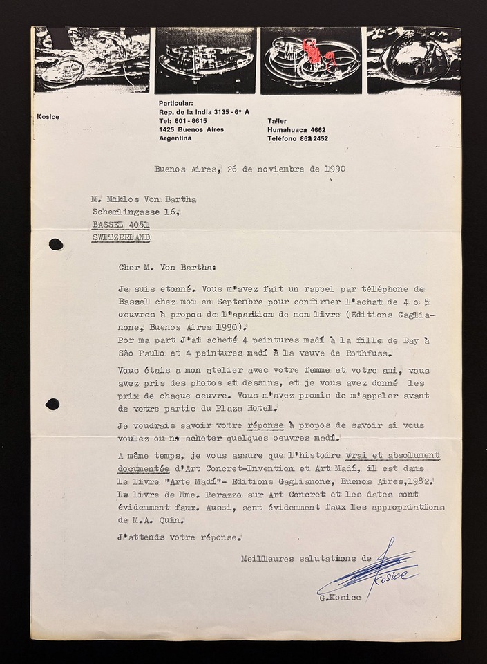 Letter from Gyula Kosice. From the archive of von Bartha.
