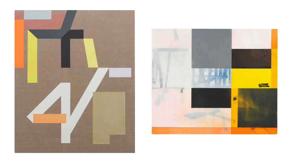 Left: Andrew Bick

“Variant t-s (compendium detail) #3,” 2017–18

Acrylic, pencil, oil paint, watercolour and wax medium, on linen on wood

76 x 64 x 3.5 cm.

Right: Andrew Bick

“Recovery Variant (D) \*,” 2001

Marker pen and wax on wood

54.5 x 64 cm.
