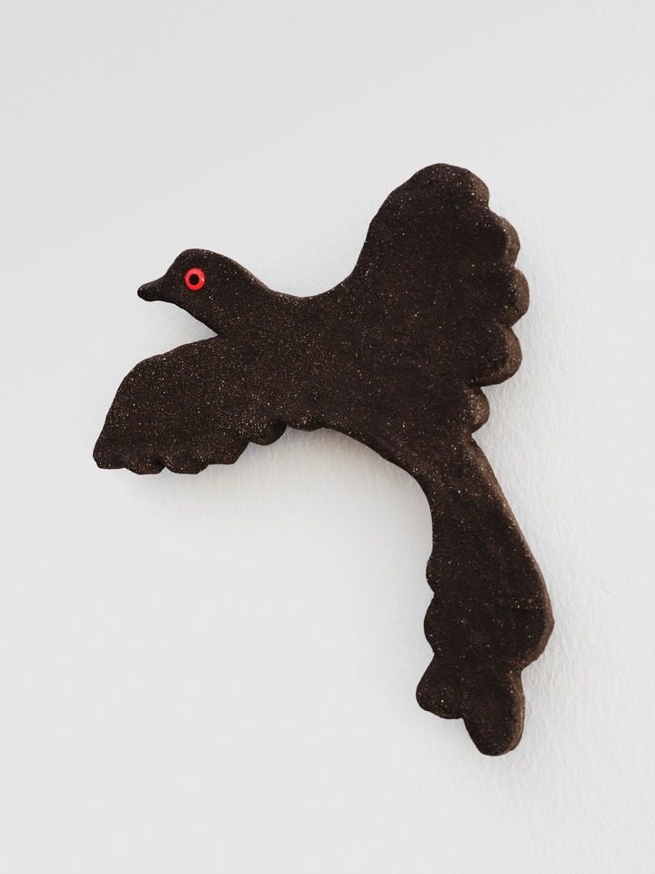 Detail of the wall installation "EX (Passenger Pigeon)," 2025. One of several handmade ceramic passenger pigeons. Photo by Lucie Schrag
