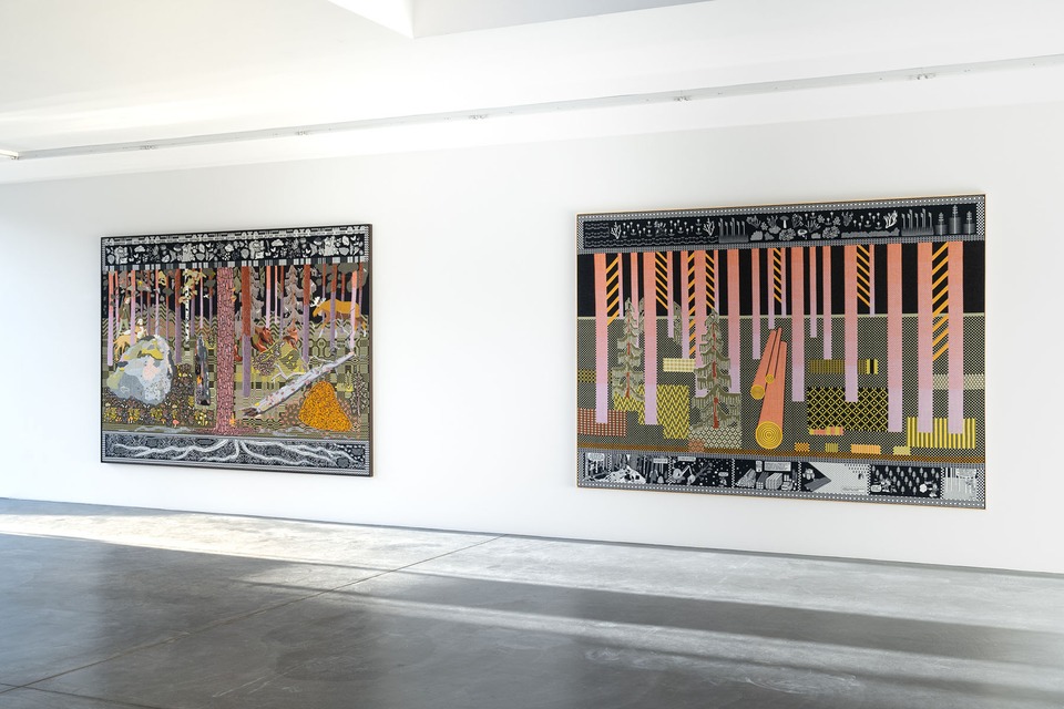 Emilia Bergmark, view on "Boreal Natural Forest" and "Boreal Tree Plantation," both 2025, von Bartha, Basel, 2026. Photo by Finn Curry
