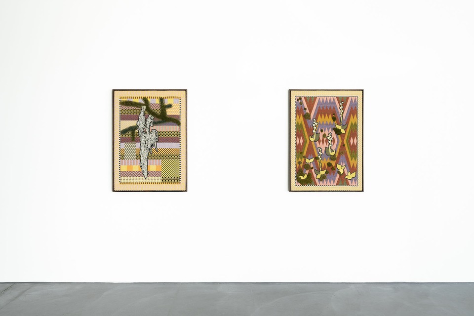 Emilia Bergmark, view on “NT (Garnlav)” and “VU (Knärot),” both 2025. Photo: Finn Curry
